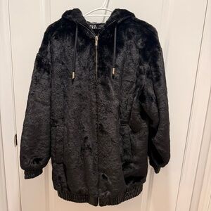 ZARA Black Faux Fur Zip Hoodie with Gold Hardware